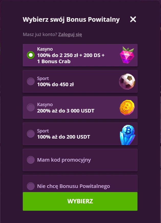 Malina Casino sekcja bonusowa 