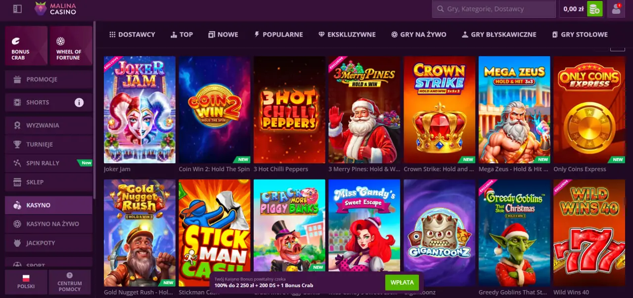 Malina Casino sekcja gier